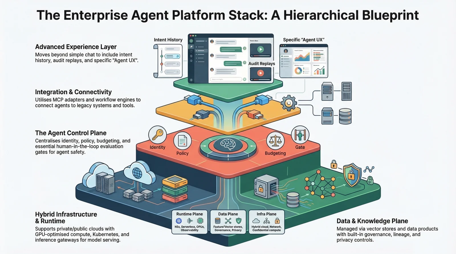 The Enterprise Agent Platform Stack - Hierarchical Blueprint showing the Agent Control Plane, Integration layer, Experience layer, and Hybrid Infrastructure